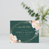 Chic Emerald Green Peach Gold Floral Save the Date Kaart (Staand voorkant)
