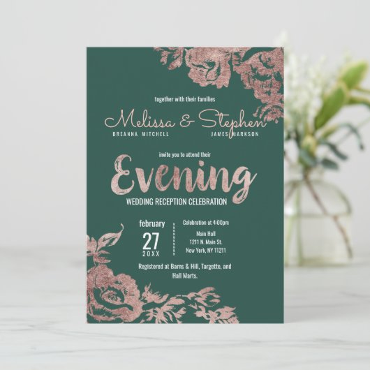 Chic Emerald Green Roos Gold Floral Evening Kaart (Staand voorkant)