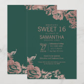 Chic Emerald Green Roos Gold Floral Sweet 16 Kaart (Voorkant / Achterkant)
