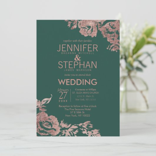 Chic Emerald Green Roos Gold Floral Wedding Kaart (Staand voorkant)