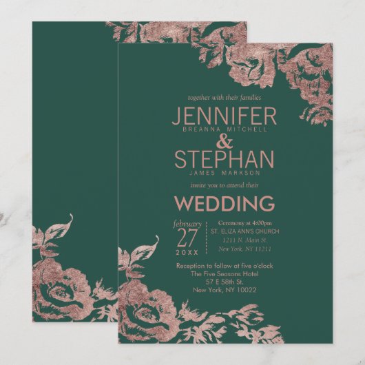 Chic Emerald Green Roos Gold Floral Wedding Kaart (Voorkant / Achterkant)