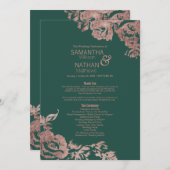 Chic Emerald Green Roos Gold Floral Wedding Programmakaart (Voorkant / Achterkant)