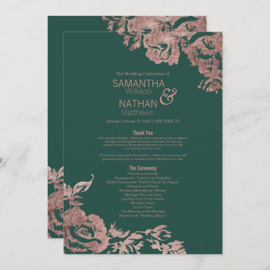 Chic Emerald Green Roos Gold Floral Wedding Programmakaart (Voorkant / Achterkant)
