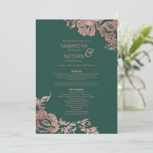 Chic Emerald Green Roos Gold Floral Wedding Programmakaart (Staand voorkant)