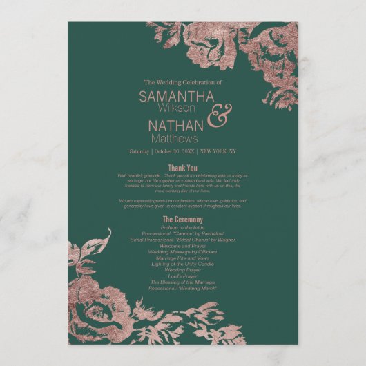 Chic Emerald Green Roos Gold Floral Wedding Programmakaart (Voorkant)