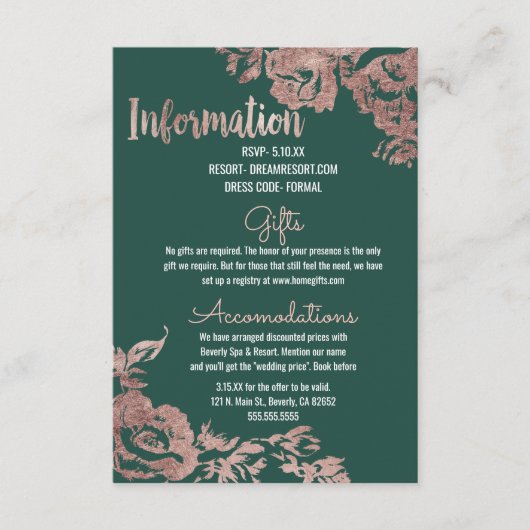 Chic Emerald Green Roos Goud Bloemen Informatie Informatiekaartje (Voorkant)