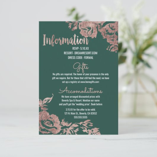 Chic Emerald Green Roos Goud Bloemen Informatie Informatiekaartje (Staand voorkant)