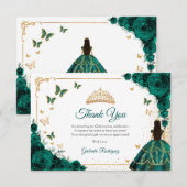 Chic Emerald Green Roses Gold Quinceanera Bedankkaart (Voorkant / Achterkant)