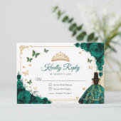 Chic Emerald Green Roses Gold Quinceanera Reply RSVP Kaartje (Staand voorkant)