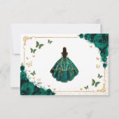 Chic Emerald Green Roses Gold Quinceanera Reply RSVP Kaartje (Achterkant)