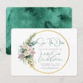 Chic Emerald Green Waterverf Goud & Bloemen Lijst Save The Date (Voorkant / Achterkant)