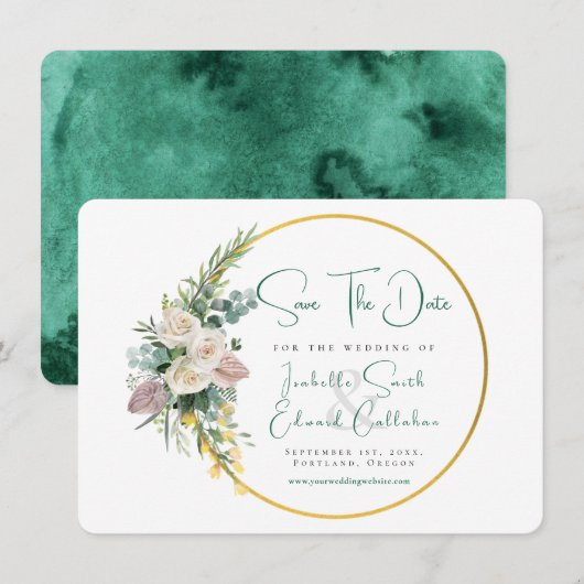 Chic Emerald Green Waterverf Goud & Bloemen Lijst Save The Date (Voorkant / Achterkant)