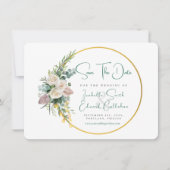 Chic Emerald Green Waterverf Goud & Bloemen Lijst Save The Date (Voorkant)
