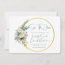 Chic Emerald Green Waterverf Goud & Bloemen Lijst Save The Date