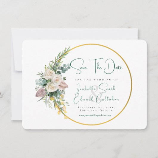 Chic Emerald Green Waterverf Goud & Bloemen Lijst Save The Date (Voorkant)