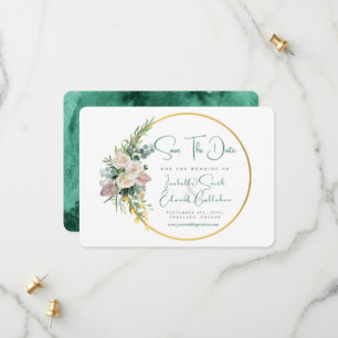 Chic Emerald Green Waterverf Goud & Bloemen Lijst Save The Date