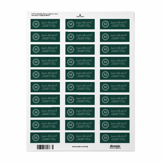 Chic Emerald White Monogram Return Address Label (Full Sheet)
