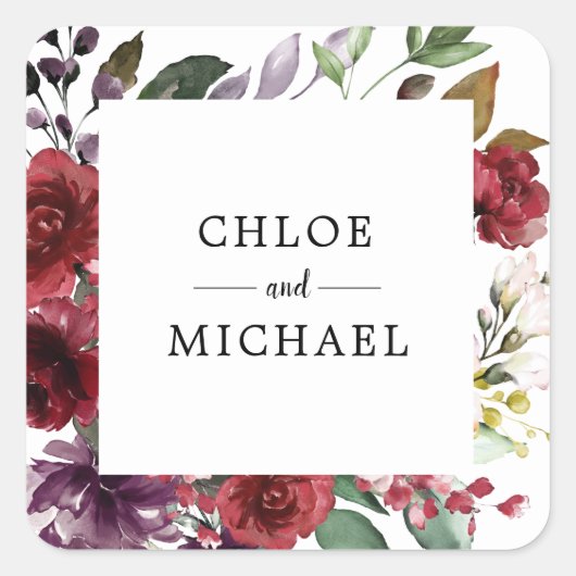 Chic en Elegant Custom Red Floral Wedding Vierkante Sticker (Voorkant)