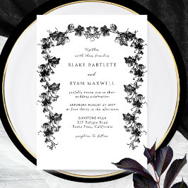 Chic Enchanting Black Botanical Garlands Wedding Kaart