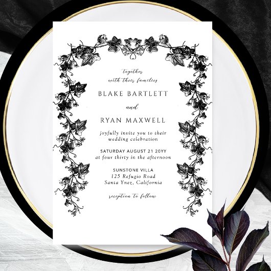 Chic Enchanting Black Botanical Garlands Wedding Kaart