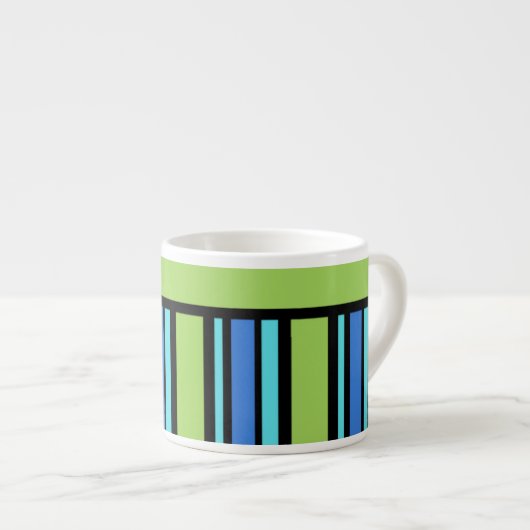 Chic Espresso Mok, Blauwe Groene Zwarte Stripes Kop (Voorkant rechts)