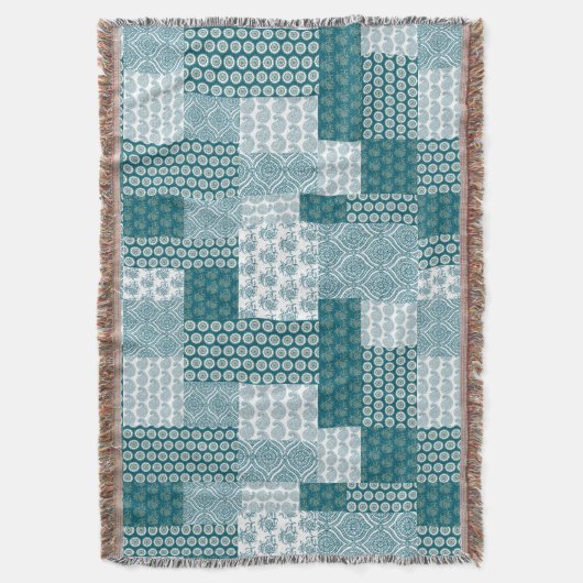 Chic Ethnic Faux Patchwork Patroon, Blauwgroen en  Deken (Voorkant Verticaal)