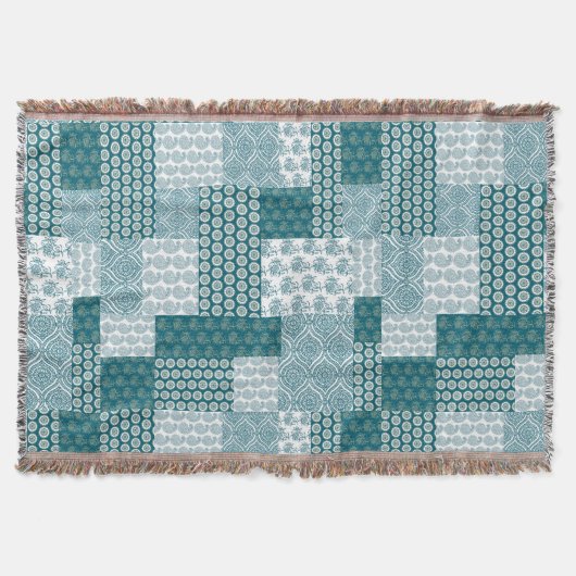 Chic Ethnic Faux Patchwork Patroon, Blauwgroen en  Deken (Voorkant)