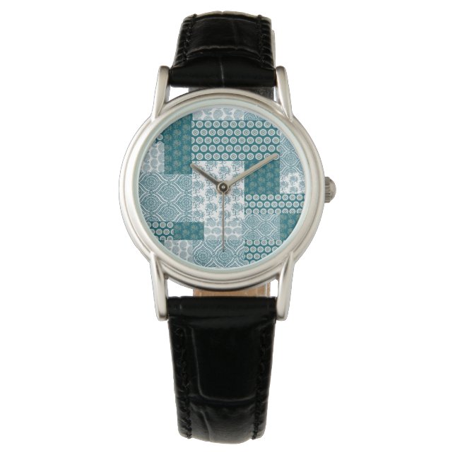 Chic Ethnic Faux Patchwork Patroon, Blauwgroen en  Horloge (Voorkant)