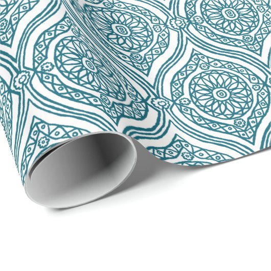 Chic Ethnic Ogee Pattern in Blauwgroen op White Cadeaupapier (Rol Hoek)