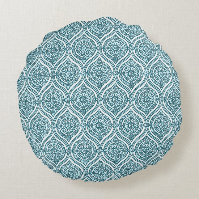 Chic Ethnic Ogee Pattern in Blauwgroen op White Rond Kussen (Achterkant)