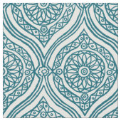 Chic Ethnic Ogee Pattern in Blauwgroen op White Stof (Close Up)