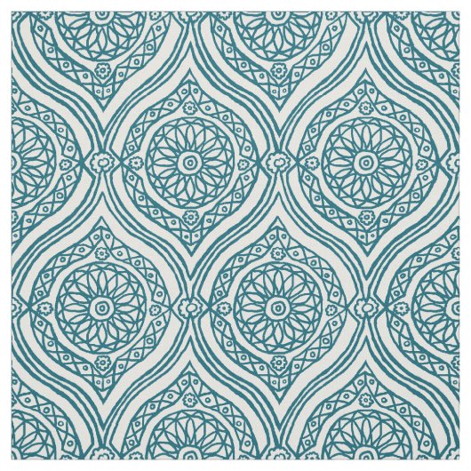 Chic Ethnic Ogee Pattern in Blauwgroen op White Stof (Swatch)