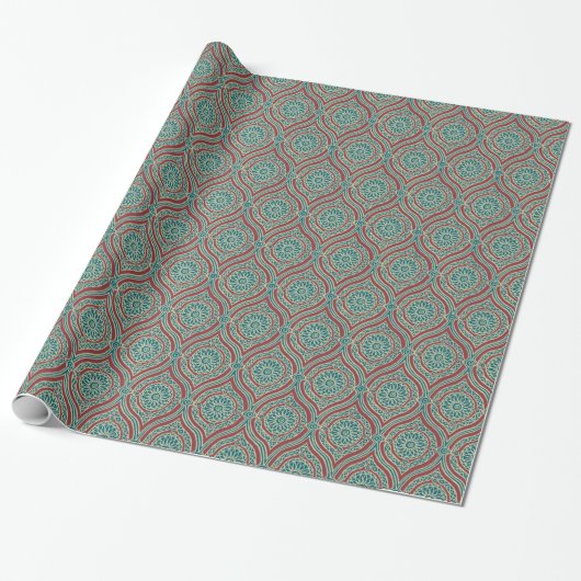 Chic Ethnic Ogee Pattern in Maroon, Blauwgroen en  Cadeaupapier (Uitgerold)