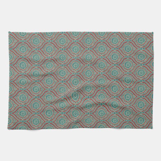 Chic Ethnic Ogee Pattern in Maroon, Blauwgroen en Theedoek (Horizontaal)