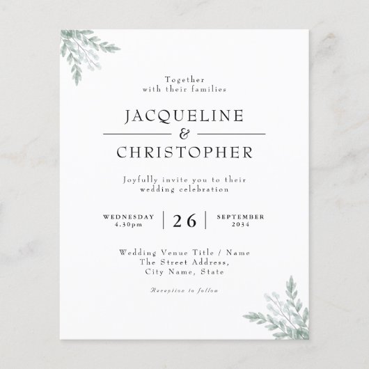 Chic Eucalyptus Budget Floral Weddenschap (Voorkant)