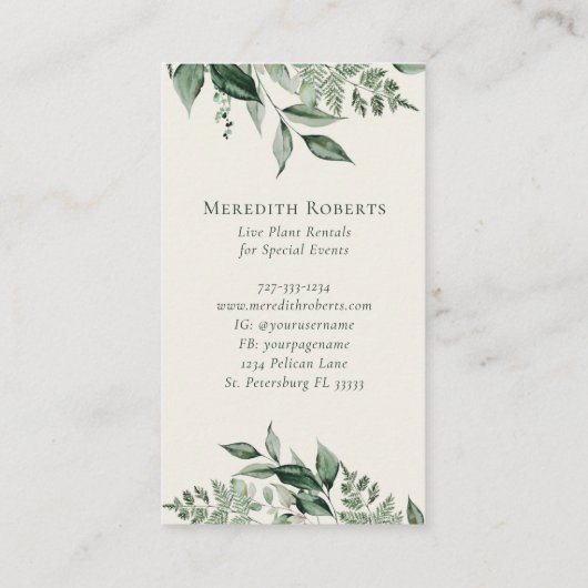Chic Eucalyptus Fern Monogram met Creamy Ecru Visitekaartje (Achterkant)