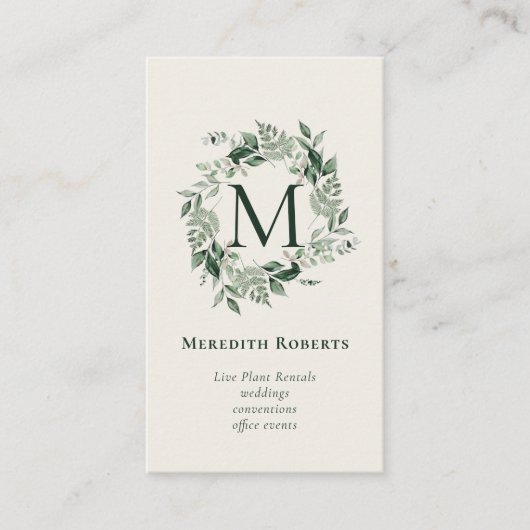 Chic Eucalyptus Fern Monogram met Creamy Ecru Visitekaartje (Voorkant)