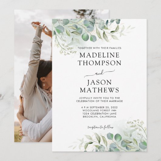 Chic Eucalyptus Gold Greenery Foto Wedding Kaart (Voorkant / Achterkant)