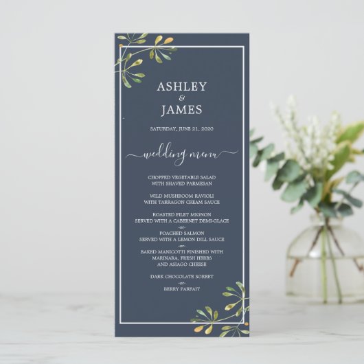 Chic Eucalyptus Green Navy Blue Botanical Wedding Menu (Staand voorkant)