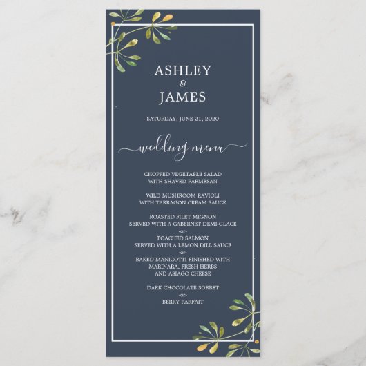Chic Eucalyptus Green Navy Blue Botanical Wedding Menu (Voorkant)