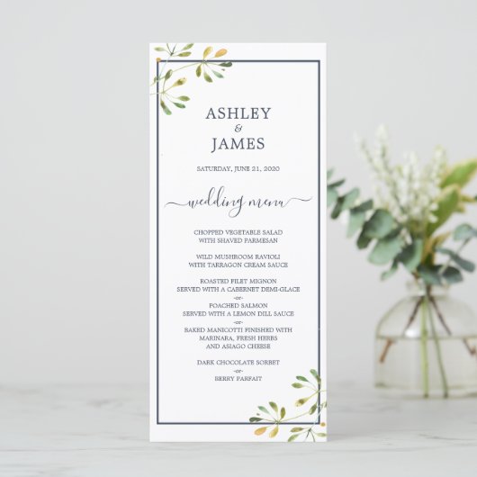 Chic Eucalyptus Green Navy Blue Botanical Wedding Menu (Staand voorkant)