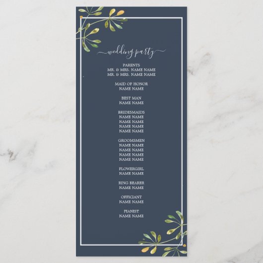 Chic Eucalyptus Green Navy Blue Botanical Wedding Programmakaart (Achterkant)