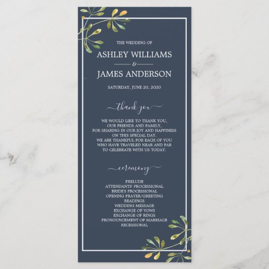 Chic Eucalyptus Green Navy Blue Botanical Wedding Programmakaart (Voorkant)