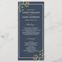Chic Eucalyptus Green Navy Blue Botanical Wedding Programmakaart