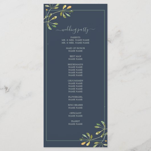 Chic Eucalyptus Green Navy Blue Botanical Wedding Programmakaart (Achterkant)