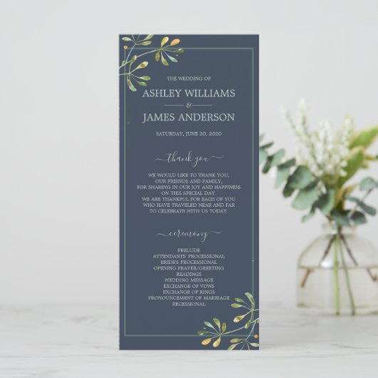 Chic Eucalyptus Green Navy Blue Botanical Wedding Programmakaart (Staand voorkant)