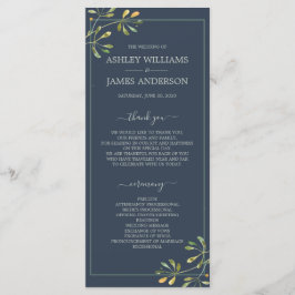 Chic Eucalyptus Green Navy Blue Botanical Wedding Programmakaart