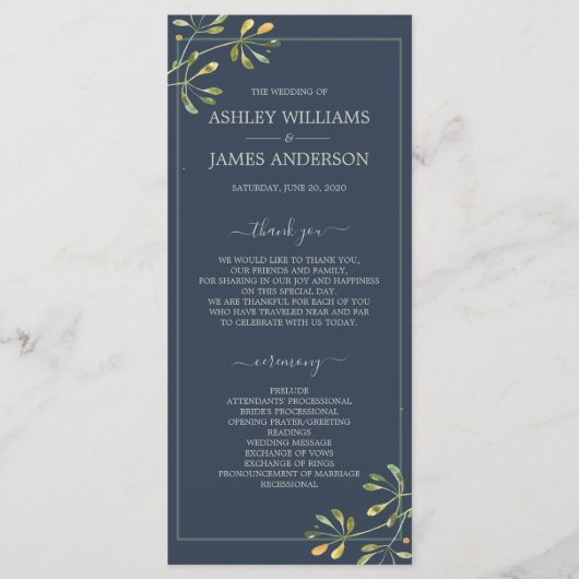 Chic Eucalyptus Green Navy Blue Botanical Wedding Programmakaart (Voorkant)
