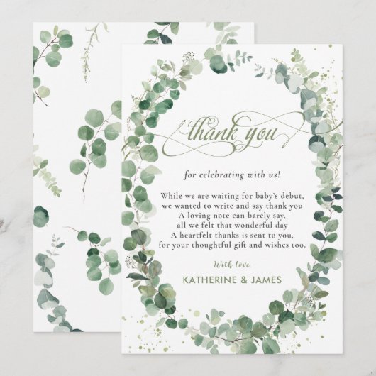 Chic Eucalyptus Greenery Baby shower Birthday  Bedankkaart (Voorkant / Achterkant)