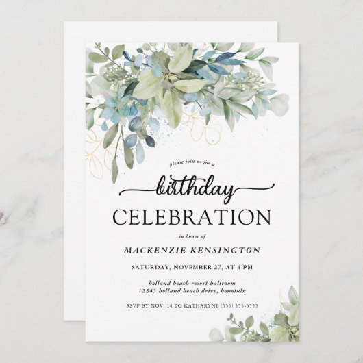 Chic Eucalyptus Greenery Birthday Celebration Kaart (Voorkant / Achterkant)
